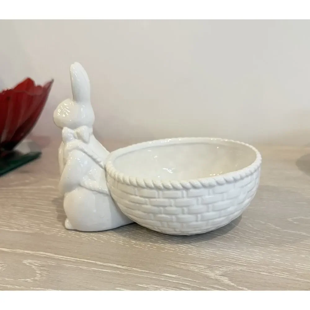 White Ceramic Bunny Bowl‎ Easter Farmhouse Candy Trinket Dish Happy Easter NWOT